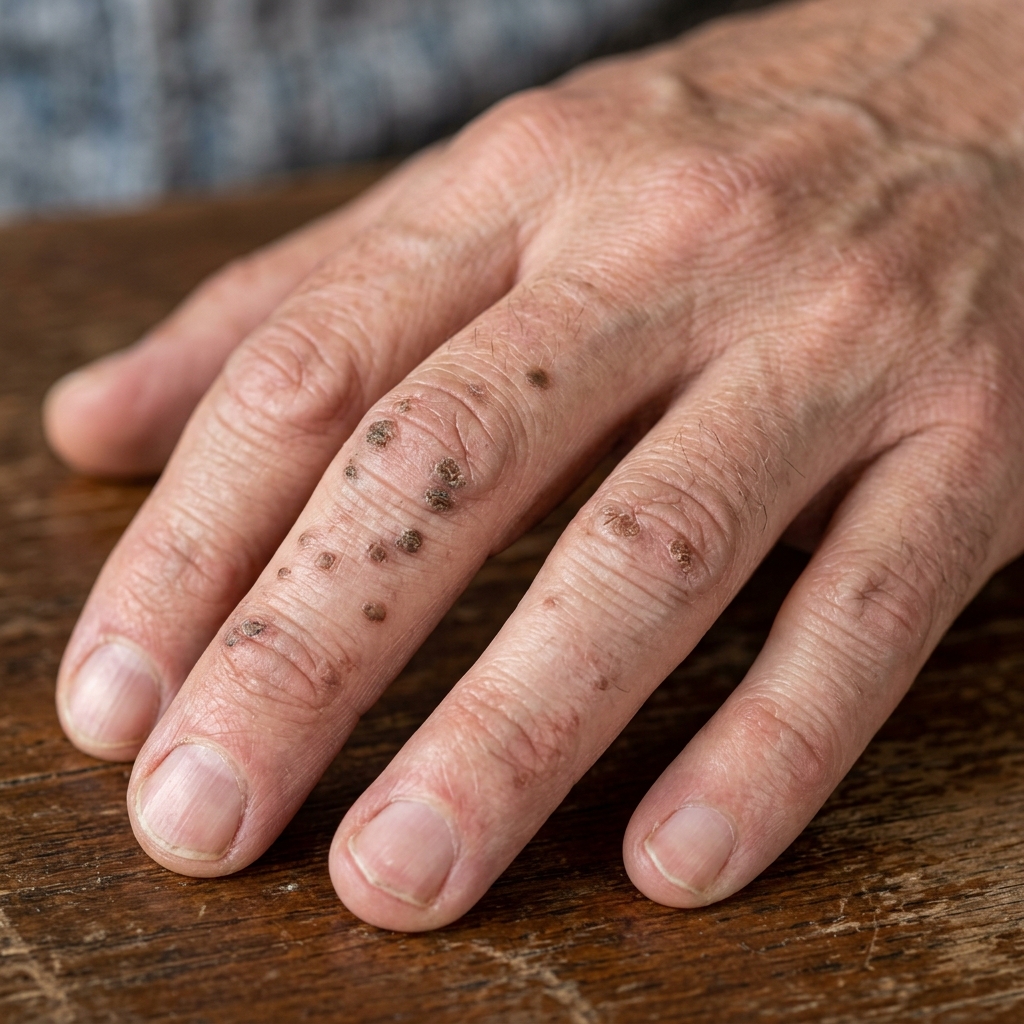 Hand with flat warts on fingers before treatment