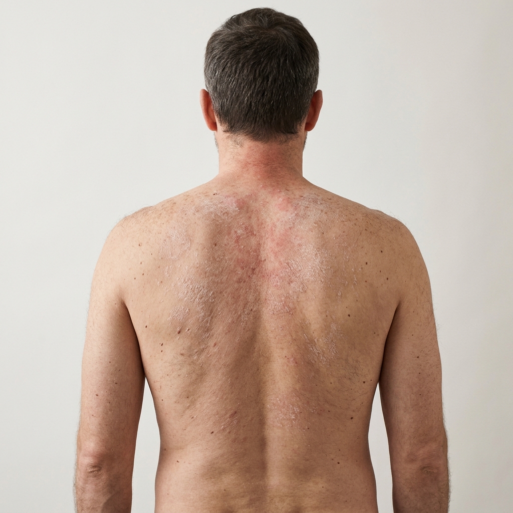 Man's back with psoriasis patches before treatment