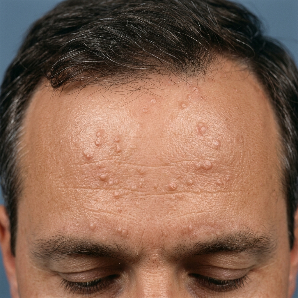 Man's forehead with flat warts before treatment
