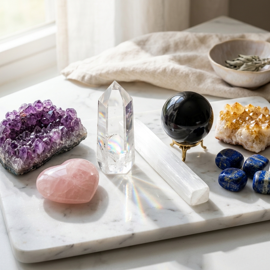 A beautiful collection of healing crystals including amethyst, rose quartz, clear quartz, and citrine arranged on white marble